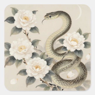 Elegant Snake Moon Floral Square Sticker
