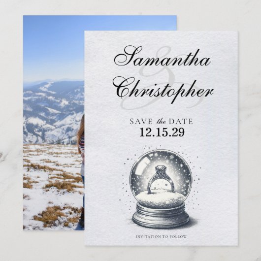 Elegant Sneeuw Wereldbol Verloving Ring Save The Date (Voorkant / Achterkant)