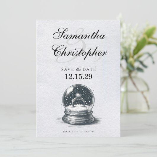 Elegant Sneeuw Wereldbol Verloving Ring Save The Date (Staand voorkant)