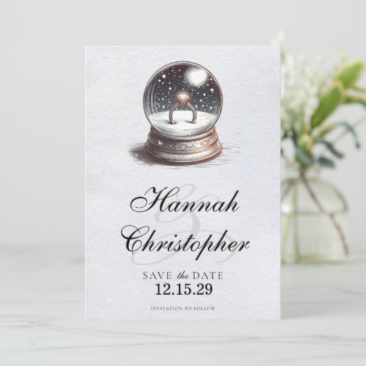 Elegant Sneeuw Wereldbol Verloving Ring Save The Date (Staand voorkant)