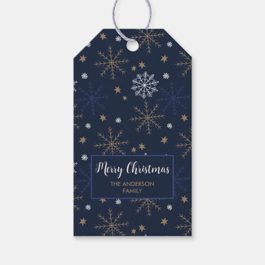 Elegant sneeuwvlok patroon Donkerblauw Label Cadeaulabel (Voorkant)