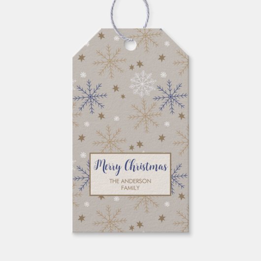 Elegant Sneeuwvlokpatroon Beige Cadeaulabel (Voorkant)