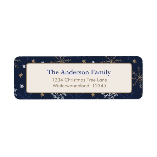 Elegant sneeuwvlokpatroon donkerblauw etiket (Voorkant)