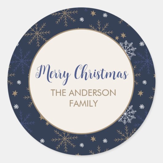 Elegant sneeuwvlokpatroon donkerblauw ronde sticker (Voorkant)
