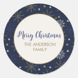 Elegant sneeuwvlokpatroon donkerblauw ronde sticker