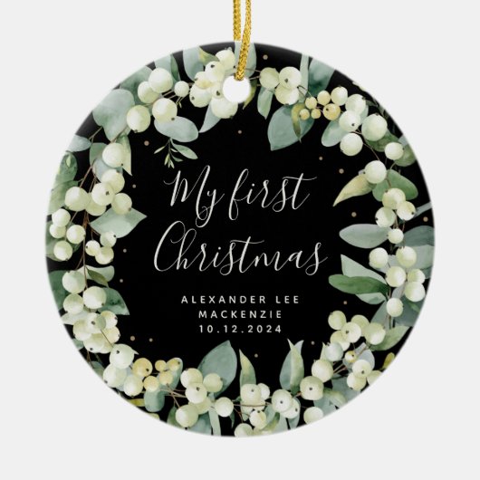 Elegant Snowberry Baby's eerste kerstfoto Keramisch Ornament (Voorkant)