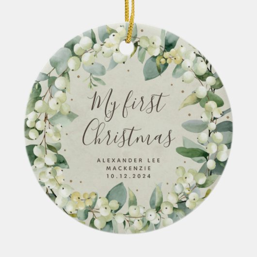 Elegant Snowberry Baby's eerste kerstfoto Keramisch Ornament (Voorkant)