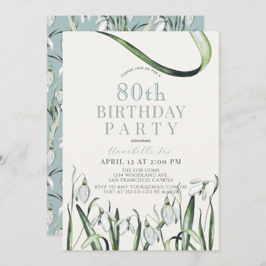 Elegant Snowdrops Waterverf 80th Birthday Kaart (Voorkant / Achterkant)