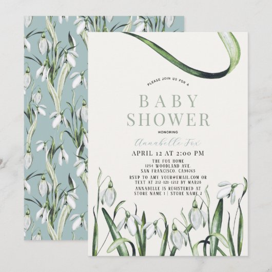 Elegant Snowdrops Waterverf Baby shower Kaart (Voorkant / Achterkant)