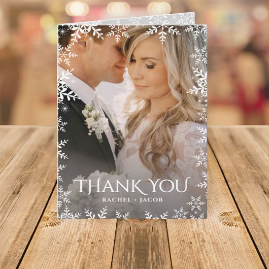 Elegant Snowflake 2-Photo Winter Wedding Thank You Bedankkaart