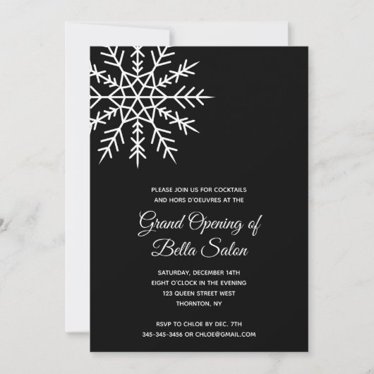 Elegant Snowflake Black Holiday Grand Opening Kaart (Voorkant)
