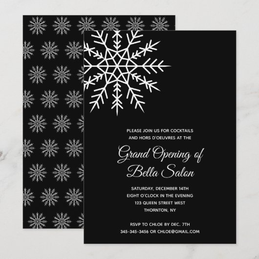 Elegant Snowflake Black Holiday Grand Opening Kaart (Voorkant / Achterkant)