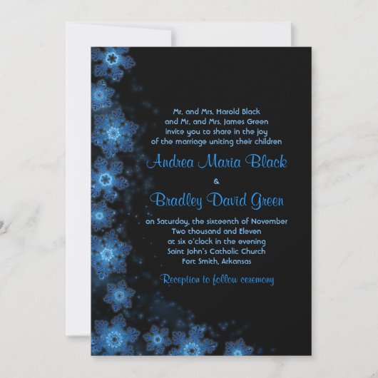 Elegant Snowflake Blue Black Wedding Uitnodiging (Voorkant)