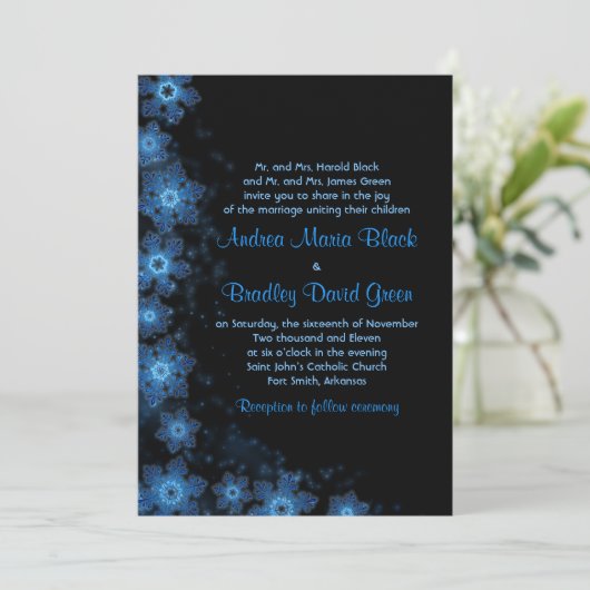 Elegant Snowflake Blue Black Wedding Uitnodiging (Staand voorkant)