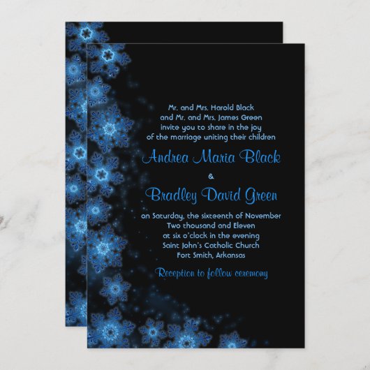 Elegant Snowflake Blue Black Wedding Uitnodiging (Voorkant / Achterkant)