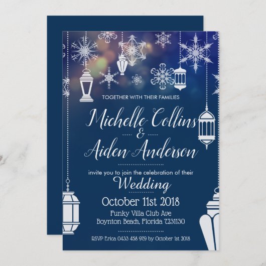 Elegant Snowflake Lantern Winter Wedding Customize Kaart (Voorkant / Achterkant)