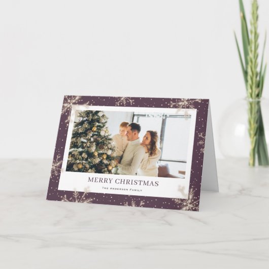 Elegant Snowflake Purple Photo Christmas Card Feestdagen Kaart (Voorkant)