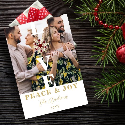 Elegant Snowflake Red & Faux Gold Minimal 2 Photos Feestdagenkaart