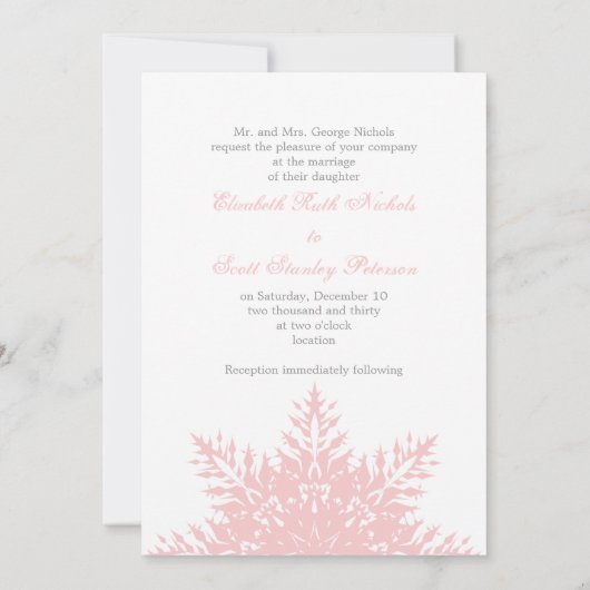 Elegant snowflake roze, witte winterbruiloft kaart (Achterkant)