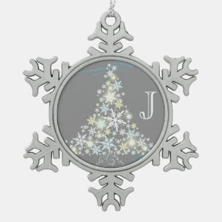 Elegant Snowflake Tree + Monogram Pewter Ornaments Tin Sneeuwvlok Ornament