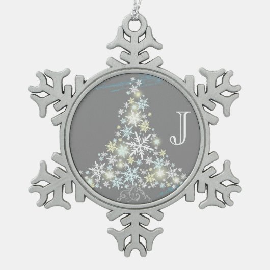 Elegant Snowflake Tree + Monogram Pewter Ornaments Tin Sneeuwvlok Ornament (Voorkant)