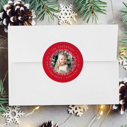 Elegant Snowflake Wreater Red Photo Return Address Ronde Sticker