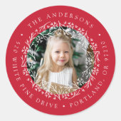 Elegant Snowflake Wreater Red Photo Return Address Ronde Sticker (Voorkant)