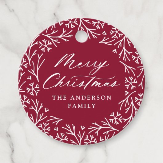 Elegant Snowflake Wreath Cranberry Gift Labels (Voorkant)