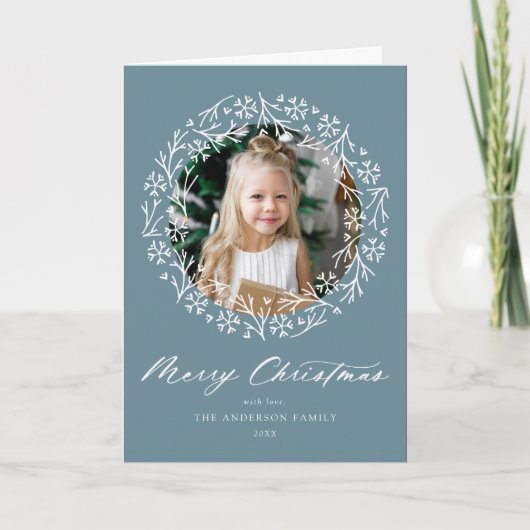 Elegant Snowflake Wreath Frost Blue 2 Foto Feestdagen Kaart (Voorkant)