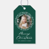 Elegant Snowflake Wreath Green Holiday Foto Cadeaulabel (Voorkant)