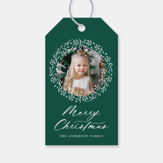 Elegant Snowflake Wreath Green Holiday Foto Cadeaulabel (Voorkant)