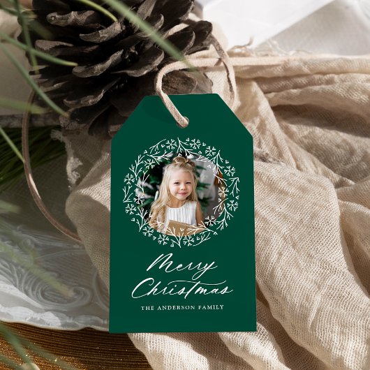 Elegant Snowflake Wreath Green Holiday Foto Cadeaulabel