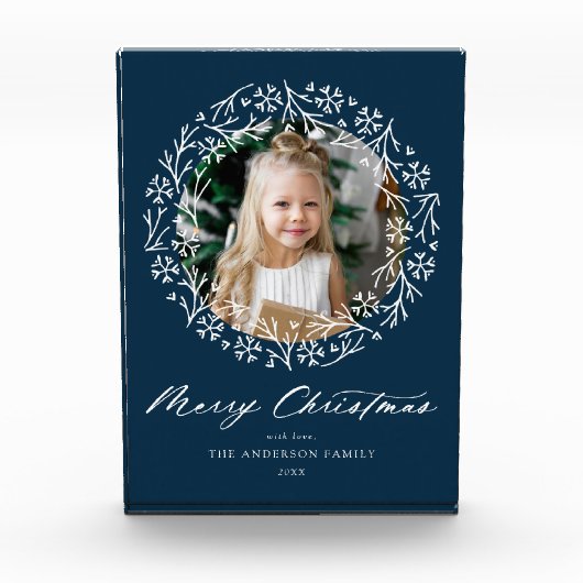 Elegant Snowflake Wreath Navy Kerstmis Fotoblokken (Voorkant)