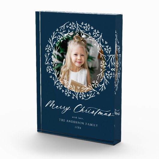 Elegant Snowflake Wreath Navy Kerstmis Fotoblokken (Rechts)
