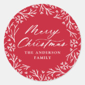 Elegant Snowflake Wreath Red Merry kerst Ronde Sticker (Voorkant)