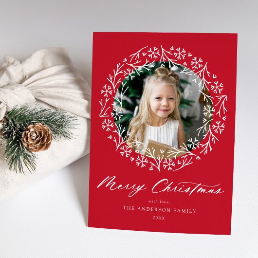 Elegant Snowflake Wreath Red Photo Feestdagenkaart