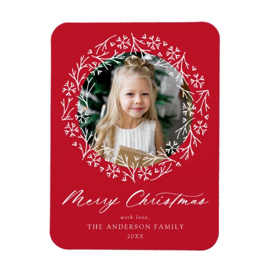 Elegant Snowflake Wreath Red Photo Magneet (Verticaal)