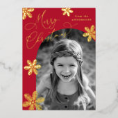 Elegant Snowflakes 2 Foto Red en Gold Folie Feestdagenkaart (Voorkant)