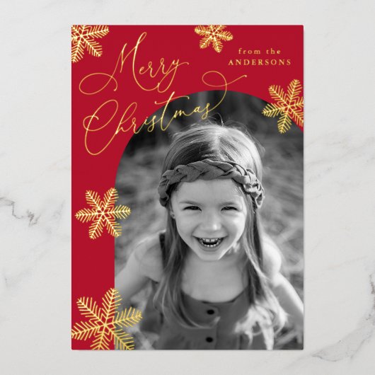 Elegant Snowflakes 2 Foto Red en Gold Folie Feestdagenkaart (Voorkant)