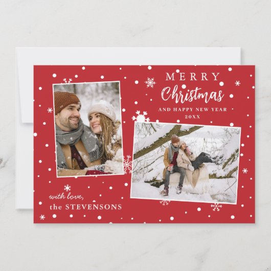 Elegant Snowflakes 2 Photo Red Merry Christmas  Feestdagenkaart (Voorkant)