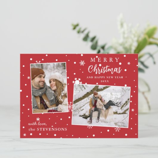 Elegant Snowflakes 2 Photo Red Merry Christmas  Feestdagenkaart (Staand voorkant)