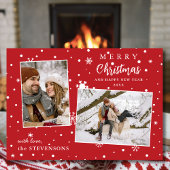 Elegant Snowflakes 2 Photo Red Merry Christmas  Feestdagenkaart
