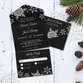 Elegant Snowflakes Black & White Winter Wedding All In One Uitnodiging