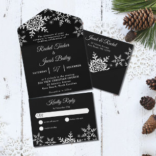 Elegant Snowflakes Black & White Winter Wedding All In One Uitnodiging