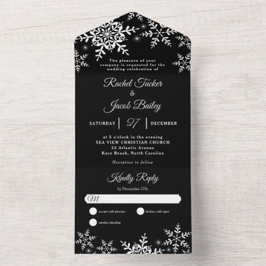 Elegant Snowflakes Black & White Winter Wedding All In One Uitnodiging (Binnen)