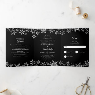 Elegant Snowflakes Black & White Winter Wedding Drieluik Uitnodiging