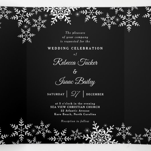 Elegant Snowflakes Black & White Winter Wedding Drieluik Uitnodiging (Binnenkant midden)