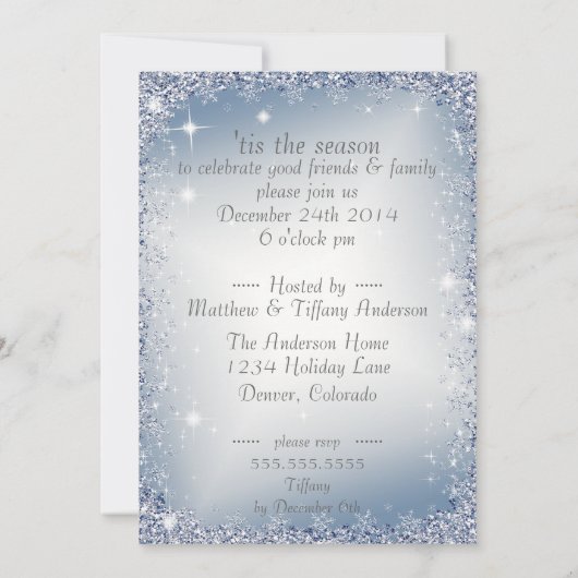 Elegant Snowflakes Blue Ice Holiday Party Uitnodig Kaart (Achterkant)
