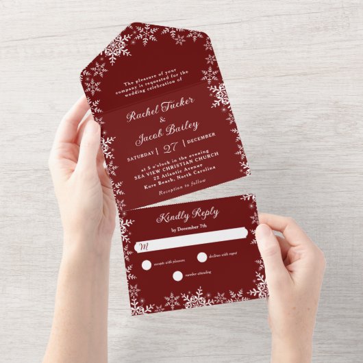 Elegant Snowflakes Border Red Kerstbruiloft All In One Uitnodiging (Afscheurbaar)