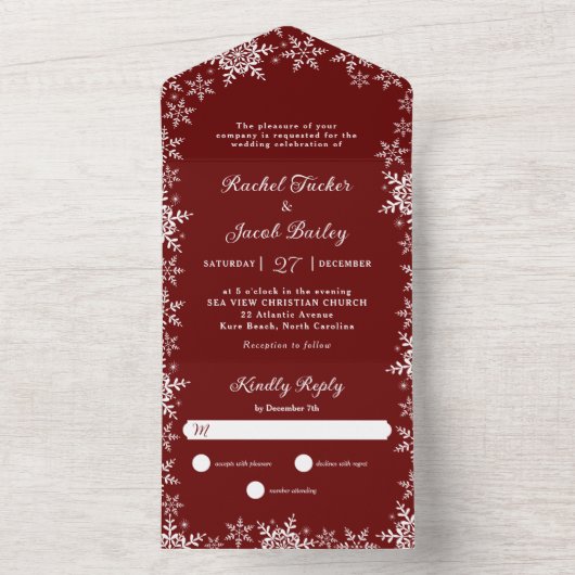 Elegant Snowflakes Border Red Kerstbruiloft All In One Uitnodiging (Binnen)
